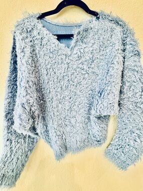 Issey Miyake Light Blue Fuzzy V-Neck Sweater